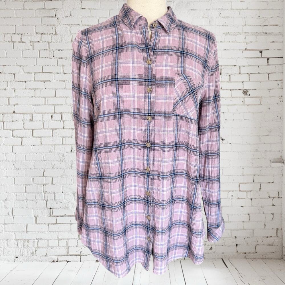 J. Jill Plaid Blouse Top Sz M Longer Length Crepe Cotton Blend Pocket G8 w Jeans